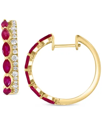 Effy Ruby (1-1/5 ct. t.w.) & Diamond (3/8 ct. t.w.) Double Row Small Hoop Earrings in 14k Gold, 0.8"