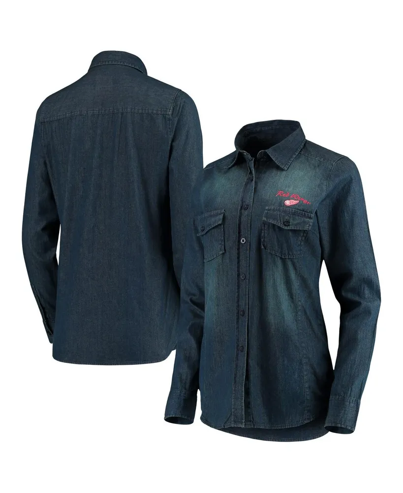 Women's Wear by Erin Andrews Denim Cleveland Browns Chambray Acid-Washed Long Sleeve Button-Up Shirt Size: Small