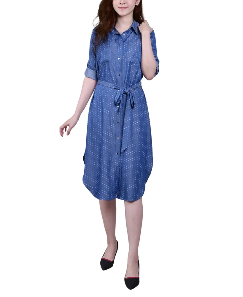 Petite 3/4 Roll Tab Sleeve Denim Dress