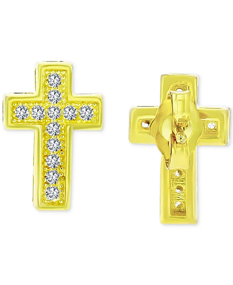 Cubic Zirconia Cross Stud Earrings in 14k Gold-Plated Sterling Silver