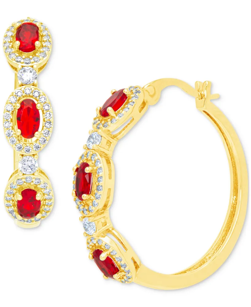 Lab-Created Ruby (2-1/10 ct. t.w.) & Cubic Zirconia Medium Hoop Earrings in Gold-Plated Brass, 1.1"