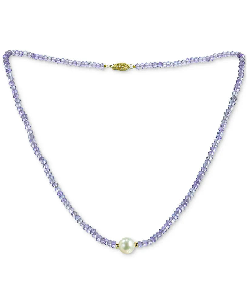 Gemstone and Cultured Pearl (9-10 mm) Strand Necklace 14k Yellow Gold (Available Ruby (80-1/2 ct. t.w), Sapphire t.w.), Emerald