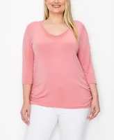 Coin 1804 Plus V-neck Side Ruched 3/4 Sleeve Top