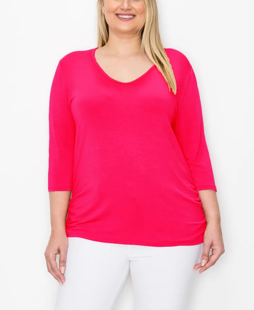 Coin 1804 Plus Size V-neck Side Ruched 3/4 Sleeve Top