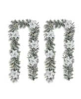 Glitzhome 9' Pre-Lit Snow Flocked Greenery Pine Poinsettia Christmas Garland with 50 Warm White Lights Set, 2 Piece