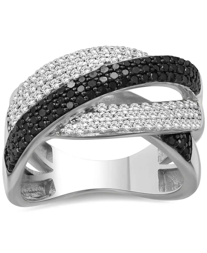 Black Diamond (1/2 ct. t.w.) & White Diamond (1/2 ct. t.w.) Crossover Statement Ring in Sterling Silver