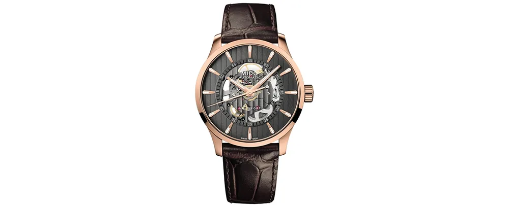 Mido Men's Swiss Automatic Multifort Skeleton Vertigo Brown Leather Strap Watch 42mm