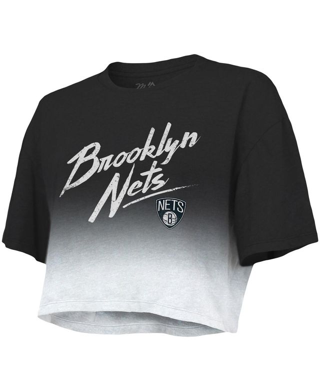 Women's Majestic Threads Black and White Brooklyn Nets Dirty Dribble Tri-Blend Cropped T-shirt