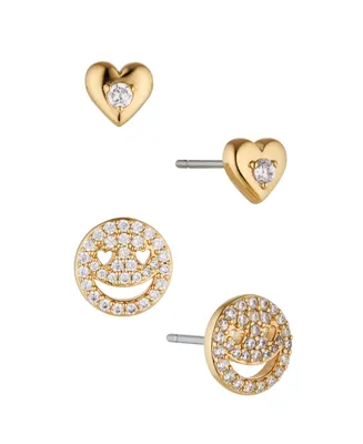 Ava Nadri Heart Shape Stud and Smiley Face Earring Set, 4 Pieces - Gold
