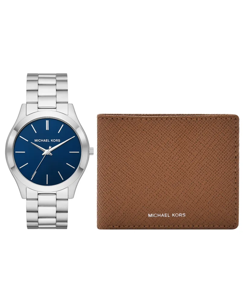 Michael Kors Men's Slim Runway Three-Hand Silver-Tone Stainless Steel Bracelet Watch 44mm and Luggage Saffiano Leather Wallet Set - Silver