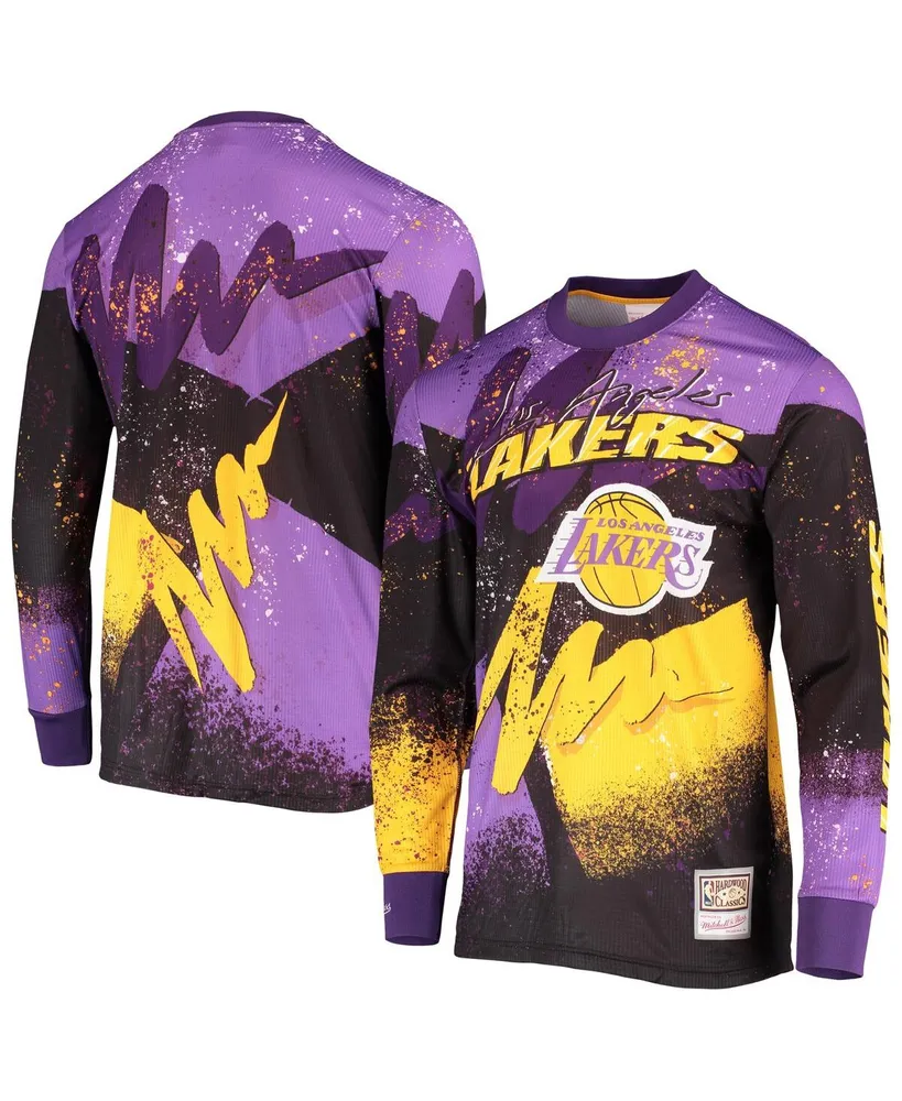 Men's Mitchell & Ness Purple Los Angeles Lakers Hardwood Classics Hyper Hoops Moto Sublimated Long Sleeve T-shirt