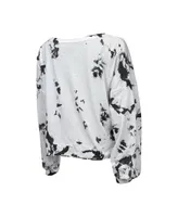 Women's Majestic Threads White and Black Brooklyn Nets Aquarius Tie-Dye Cropped V-Neck Long Sleeve T-shirt