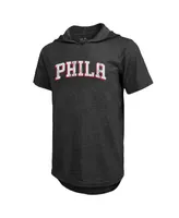 Men's Majestic Threads Heathered Black Philadelphia 76ers Wordmark Tri-Blend Hoodie T-shirt