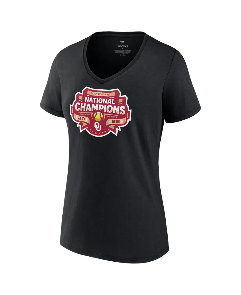 Women's Fanatics Black Oklahoma Sooners 2022 Ncaa Softball Women's College World Series Champions Strike V-Neck T-shirt