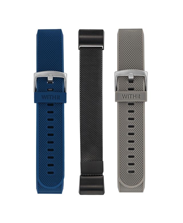 WITHit Gray and Blue Woven Silicone Band, Black Stainless Steel Mesh Band Set, 3 Piece Compatible with the Fitbit Charge 2