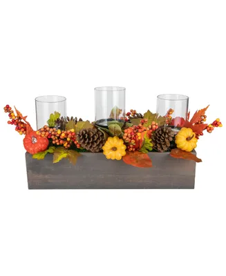 Pumpkin Berry and Pine Cone Fall Harvest Triple Pillar Candle Holder, 27"