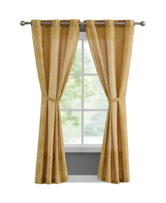 French Connection Somerset Embroidered Light Filtering Grommet Window Curtain Panel Pair with Tiebacks