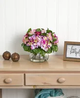 Nearly Natural Dark Pink Hydrangea Artificial Arrangement with Large Glass Vase