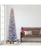 7.5' Pre-Lit Flocked Fashion Pencil Tree with 300 Clear Incandescent Lights, 708 Tips