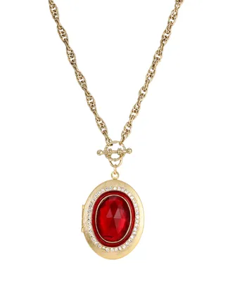 2028 Gold-Tone Red Stone and Crystal Oval Locket Necklace