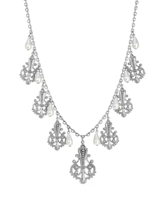 2028 Silver-Tone Filigree Drops with Imitation Pearl Necklace