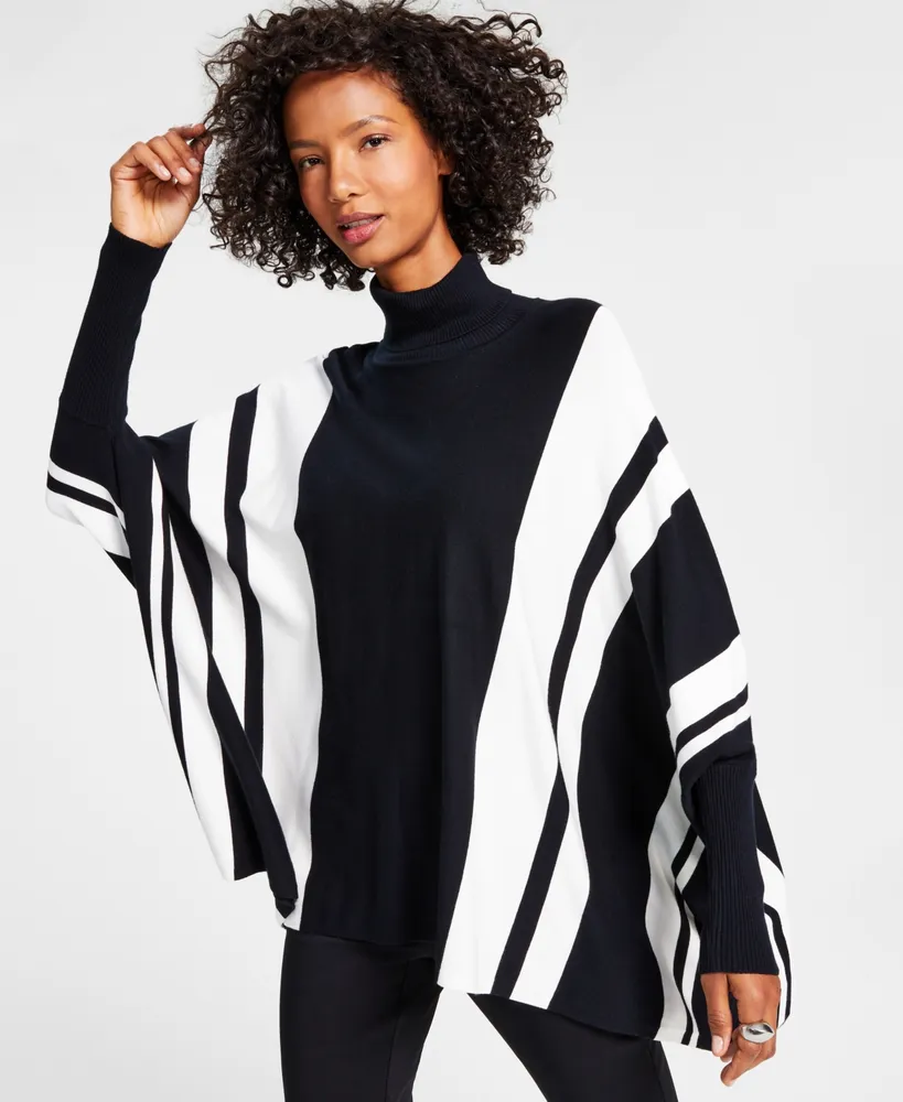 Alfani Striped Turtleneck Poncho Sweater, Created for Macy's