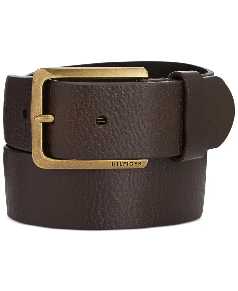 Tommy Hilfiger Men's Heavy Brass Buckle Leather Belt