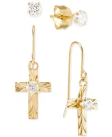 2-Pc. Set Cubic Zirconia Solitaire Stud Earrings & Cross Drop Earrings in 10k Gold