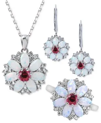 Lab Grown Opal Rhodolite Garnet Lab Grown White Sapphire Jewelry Collection In Sterling Silver