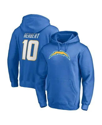 Men's Fanatics Justin Herbert Powder Blue Los Angeles Chargers Player Icon Name and Number Fitted Pullover Hoodie