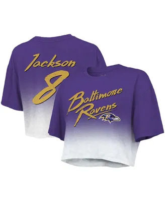 Women's Majestic Threads Lamar Jackson Purple, White Baltimore Ravens Drip-Dye Player Name and Number Tri-Blend Crop T-shirt