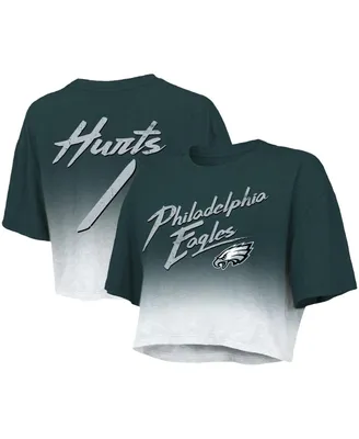 Women's Majestic Threads Jalen Hurts Green, White Philadelphia Eagles Drip-Dye Player Name and Number Tri-Blend Crop T-shirt