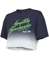 Women's Majestic Threads Dk Metcalf Navy, White Seattle Seahawks Drip-Dye Player Name and Number Tri-Blend Crop T-shirt