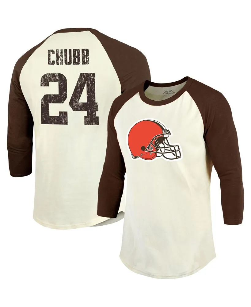 Men's Majestic Threads Nick Chubb Cream, Brown Cleveland Browns Player Name and Number Raglan 3/4-Sleeve T-shirt