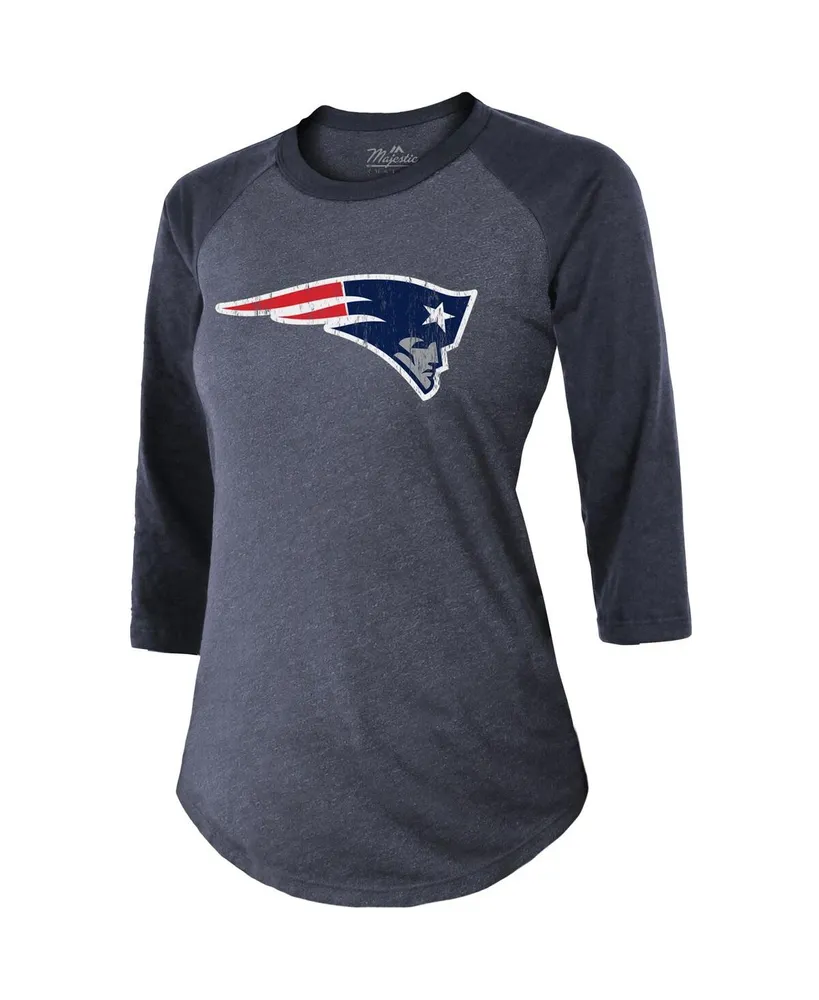 Women's Majestic Threads Mac Jones Navy New England Patriots Player Name and Number Raglan Tri-Blend 3/4-Sleeve T-shirt