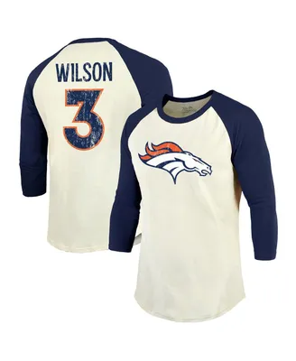 Men's Majestic Threads Russell Wilson Cream, Navy Denver Broncos Name & Number Raglan 3/4 Sleeve T-shirt