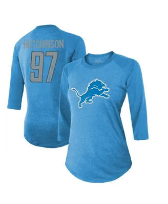 Women's Majestic Threads Aidan Hutchinson Blue Detroit Lions Name & Number Raglan 3/4 Sleeve T-shirt
