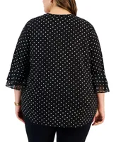 Kasper Plus Dot-Print Flutter-Sleeve Blouse