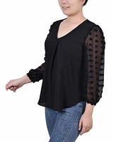 Ny Collection Petite V-neck Blouse with 3/4 Jacquard Chiffon Sleeves