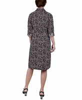 Ny Collection Petite Printed Long Sleeve Roll Tab Shirtdress