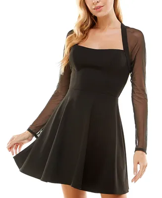 City Studios Juniors' Sheer-Long-Sleeve Skater Dress