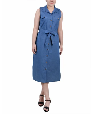 Ny Collection Women's Sleeveless Belted Chambray Dress