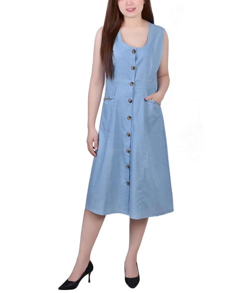 Ny Collection Women's Sleeveless Chambray Dress with Chain Details