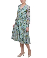 Women's Long Sleeve Clip Dot Chiffon Dress with Smocked Waist and Cuffs