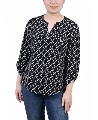 Women's 3/4 Roll Tab Sleeve Mandarin Collar Blouse