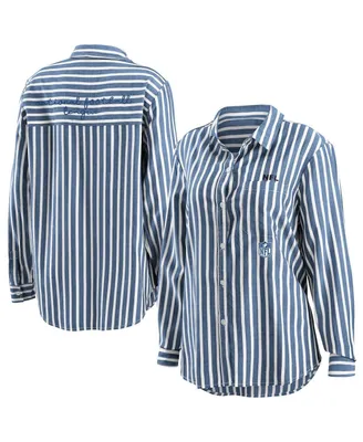 Women's Wear by Erin Andrews Navy Nfl Striped Full-Button Long Sleeve Shirt