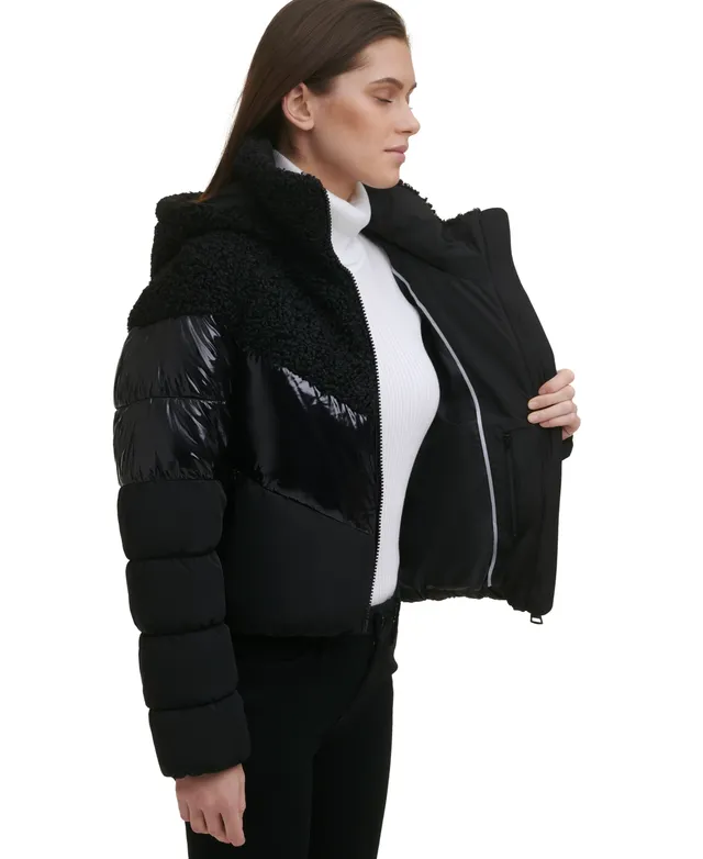 DKNY Cropped Puffer Quilted Relaxed Snow Ski Jacket Black Size S NWT