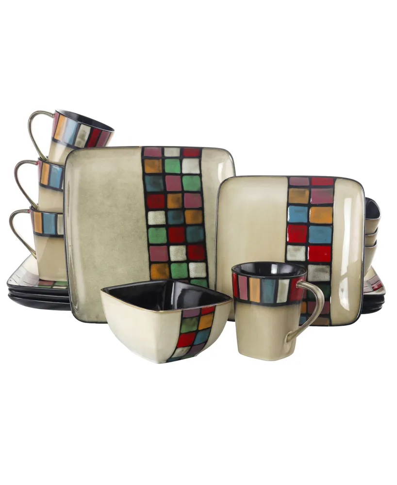 Elama Grace 16 Piece Multicolored Square Stoneware Dinnerware Set, Service for 4 - Multi