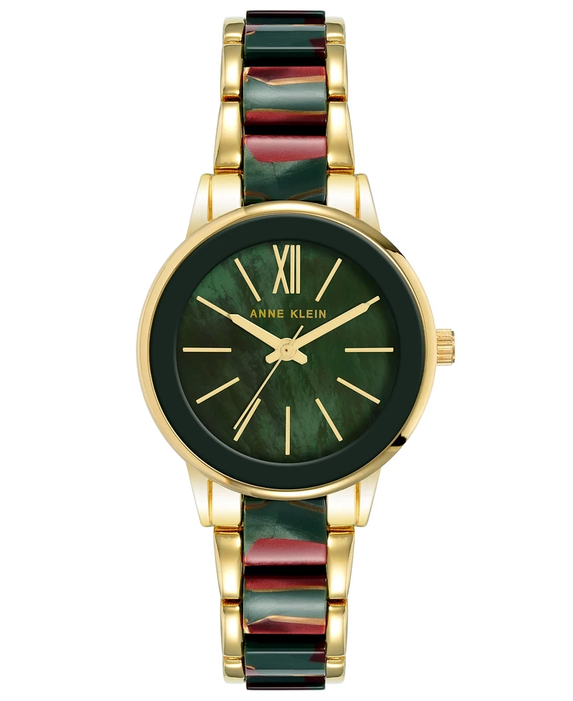 Anne Klein Women's Three-Hand Quartz Gold-Tone Alloy with Green and Burgundy Resin Bracelet Watch, 32mm