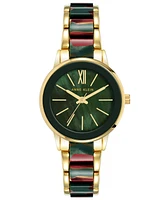 Anne Klein Women's Three-Hand Quartz Gold-Tone Alloy with Green and Burgundy Resin Bracelet Watch, 32mm